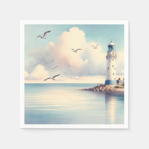 Coastal Lighthouse Seagulls Pastel Sky Serenity Napkin