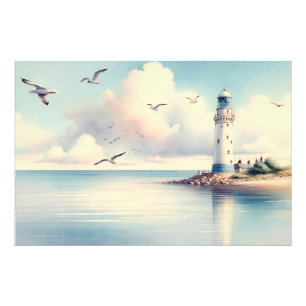 Coastal Lighthouse Seagulls Pastel Sky Serenity Photo Print