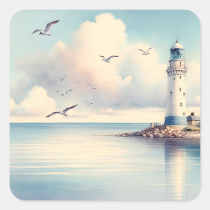 Coastal Lighthouse Seagulls Pastel Sky Serenity Square Sticker