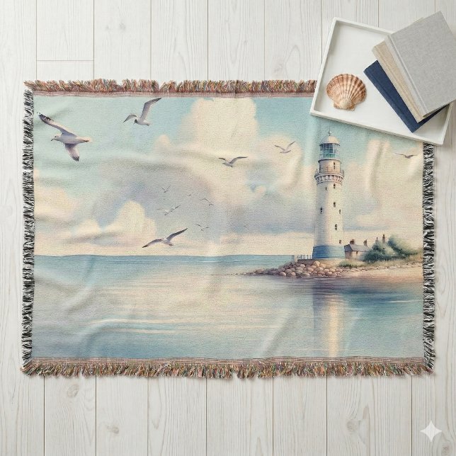 Coastal Lighthouse Seagulls Pastel Sky Serenity Throw Blanket (Coastal Lighthouse Seagulls Pastel Sky Serenity Throw Blanket On Floor)