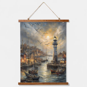 Coastal Lighthouse & Seaside Village Sunset Art Hanging Tapestry