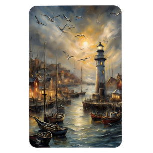Coastal Lighthouse & Seaside Village Sunset Art Magnet