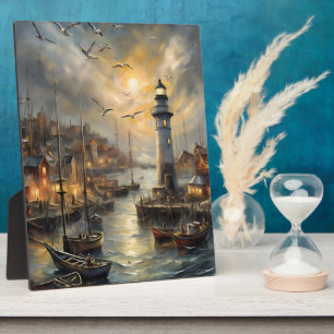 Coastal Lighthouse & Seaside Village Sunset Art Plaque