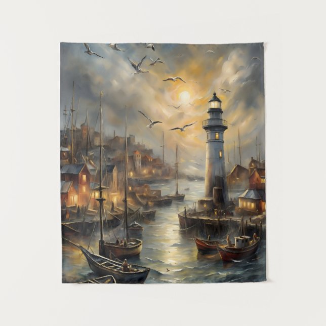 Coastal Lighthouse & Seaside Village Sunset Art Tapestry (Front)