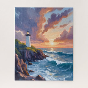 Coastal Lighthouse Sunset   Beach Ocean Painting Jigsaw Puzzle