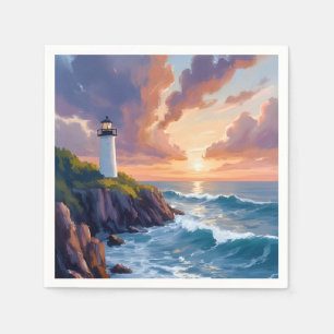 Coastal Lighthouse Sunset Beach Ocean Painting Napkin