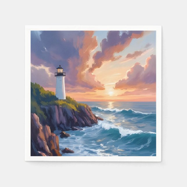 Coastal Lighthouse Sunset | Beach Ocean Painting Napkin (Front)
