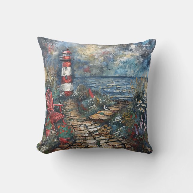 Coastal Lighthouse Throw Pillow (Front)
