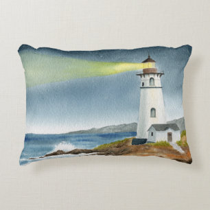 Coastal Lighthouse with Light Beam Postcard Accent Pillow