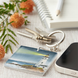 Coastal Lighthouse with Light Beam Postcard Keychain