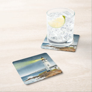 Coastal Lighthouse with Light Beam Square Paper Coaster