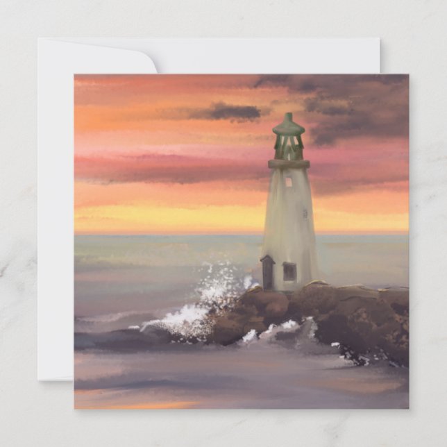 Coastal Lighthouse With Pink And Orange Sky Holiday Card (Front)