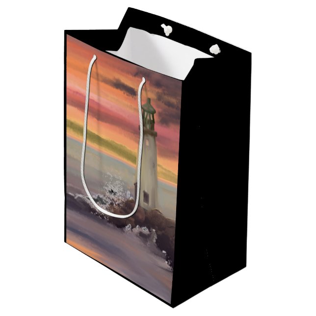 Coastal Lighthouse With Pink And Orange Sky Medium Gift Bag (Front Angled)