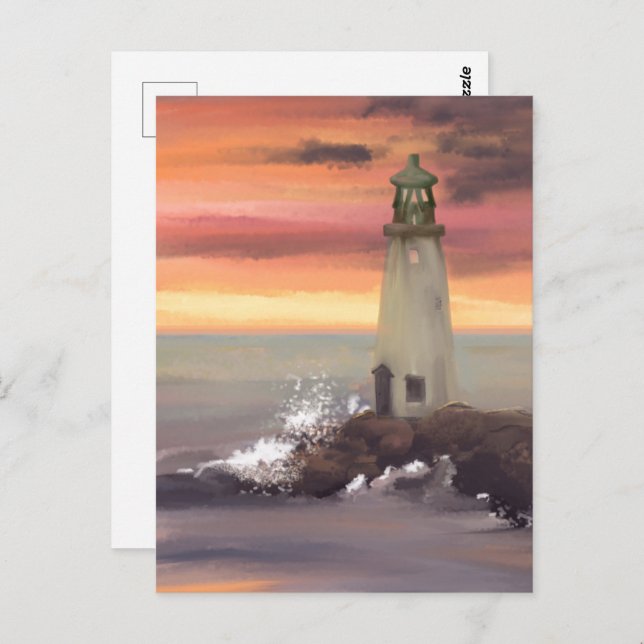 Coastal Lighthouse With Pink And Orange Sky Postcard (Front/Back)