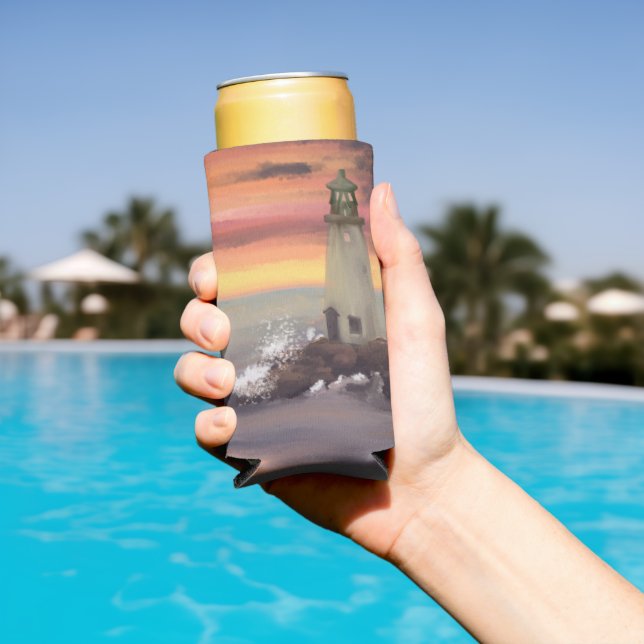 Coastal Lighthouse With Pink And Orange Sky Seltze Seltzer Can Cooler (In Situ Pool)