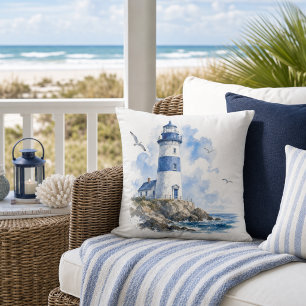 Coastal Living Lighthouse Blue on White Outdoor Pillow