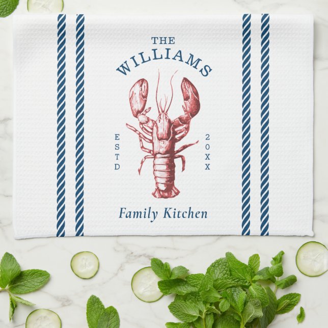 Coastal Lobster Beach House Family Name Kitchen Towel (Folded)