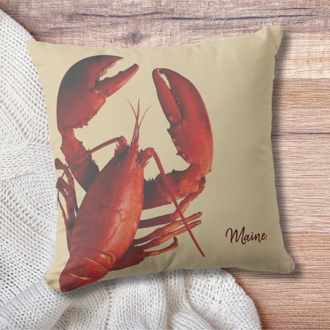 Coastal Lobster Beach House Throw Pillow (Maine Lobster throw pllow can be personalized. Perfect gift or dress up your beach house!)