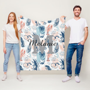 Coastal Lobster Seafood Blue Peach Nautical Fleece Blanket