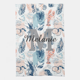 Coastal Lobster Seafood Blue Peach Nautical Kitchen Towel