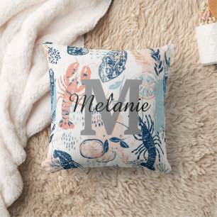Coastal Lobster Seafood Blue Peach Nautical Throw Pillow