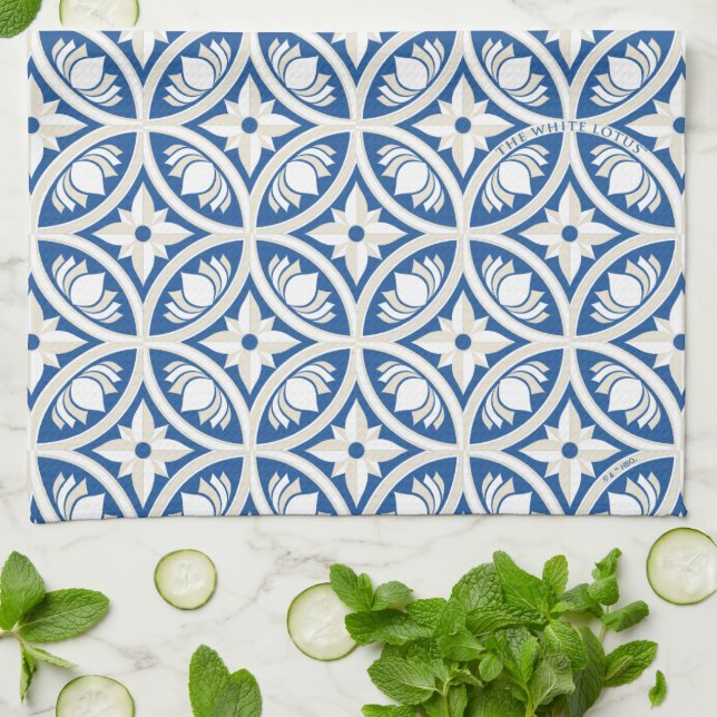 Coastal Lotus Tile Pattern - The White Lotus Kitchen Towel (Folded)