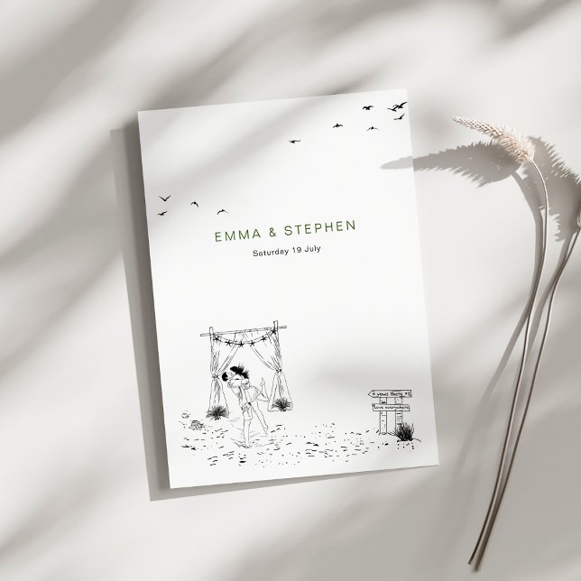 Coastal Love Sandy Beach Minimal Line Art Wedding Invitation (Creator Uploaded)