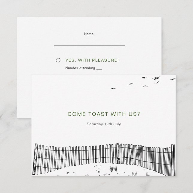Coastal Love Sandy Beach Minimal Line Art Wedding RSVP Card (Front/Back)