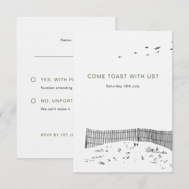Coastal Love Sandy Beach Minimal Line Art Wedding RSVP Card (Front/Back)