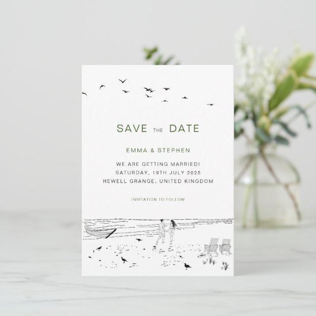 Coastal Love Sandy Beach Minimal Wedding  Save The Date (Standing Front)