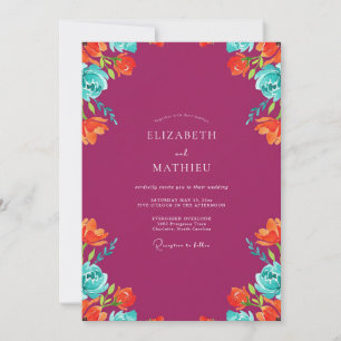 Coastal Magenta Turquoise Painted Wedding Invitation