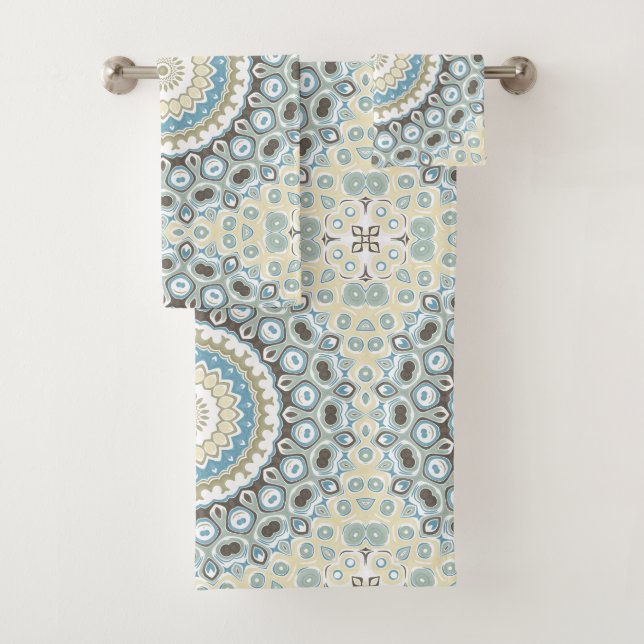 Coastal Mandala in Sand, Blue, and Driftwood Tones Bath Towel Set (Insitu)
