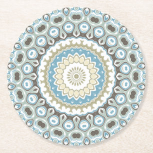 Coastal Mandala in Sand, Blue, and Driftwood Tones Round Paper Coaster