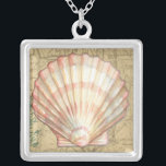 Coastal Map Collage Silver Plated Necklace<br><div class="desc">There's nothing quite like this map of the sea life. This translucent collection of these seashells will go great on any products. It gives a vintage feel to the image and captures the sea life underwater. It includes a stripe pink and white seashell and a sepia coloured conch shell.</div>