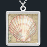 Coastal Map Collage Silver Plated Necklace<br><div class="desc">There's nothing quite like this map of the sea life. This translucent collection of these seashells will go great on any products. It gives a vintage feel to the image and captures the sea life underwater. It includes a stripe pink and white seashell and a sepia coloured conch shell.</div>