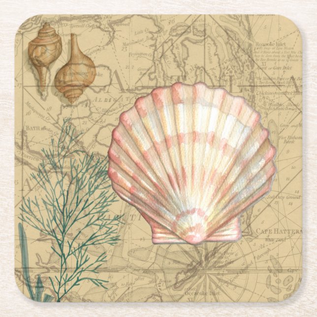 Coastal Map Collage Square Paper Coaster (Front)