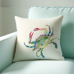 Coastal Maryland Blue Crab Watercolor Throw Pillow<br><div class="desc">Show your love for your ocean side beach home with my custom throw pillow. Shown with my original watercolor crab in shades of red, turquoise, blue and green over a neutral ivory cream background. The backside is a complimentary navy blue colour designed to coordinate with my duvet cover. Makes a...</div>