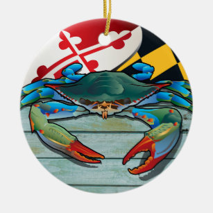 Coastal Maryland Blue Crab with Flag Ceramic Ornament