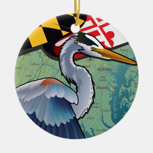 Coastal Maryland Blue Heron Ceramic Ornament (Front)