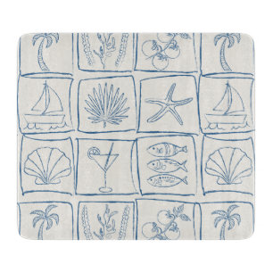 Coastal Mediterranean Faux Tile Linen Cobalt Cutting Board