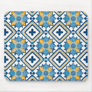 Coastal Mediterranean Tile Floral Pattern Mouse Pad