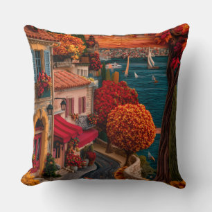Coastal Mediterranean Town Autumn Pillow