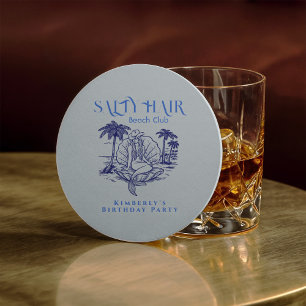 Coastal Mermaid Blue Cowgirl Birthday Party Round Paper Coaster