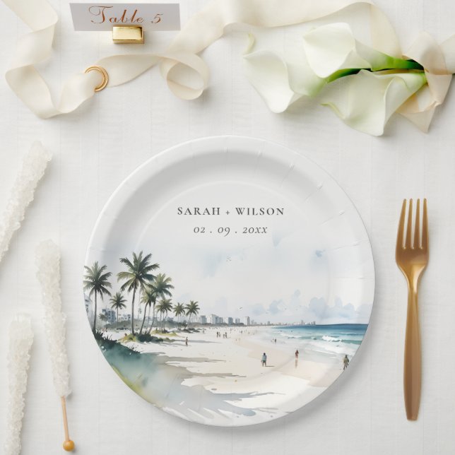 Coastal Miami Beach Palm Tree Watercolor Wedding Paper Plate (Wedding)