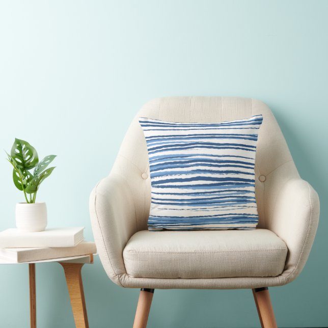 Coastal modern Blue and White Beach Stripes Throw Pillow (Chair)