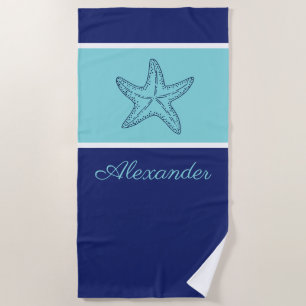 Coastal Modern Navy Blue Teal Monogram Starfish  Beach Towel