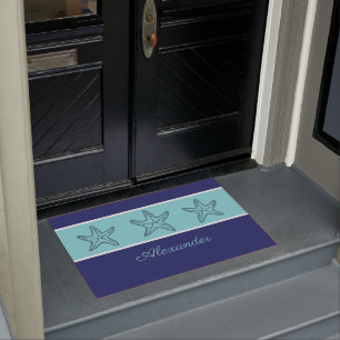 Coastal Modern Navy Blue Teal Monogram Starfish Doormat