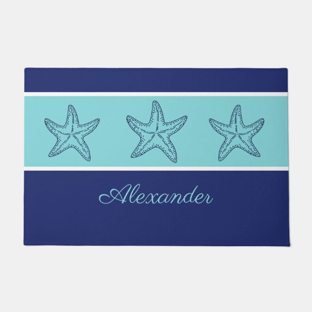 Coastal Modern Navy Blue Teal Monogram Starfish Doormat (Front)