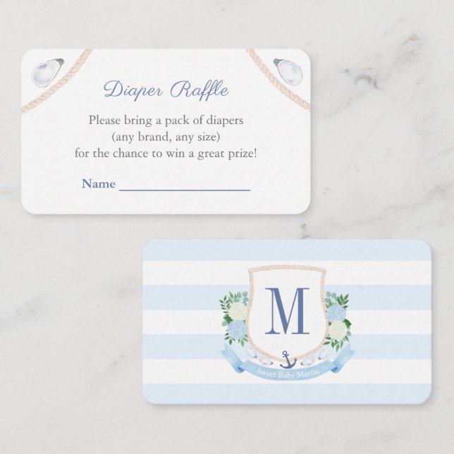 Coastal Monogram Baby Shower Diaper Raffle Enclosure Card (Front/Back)