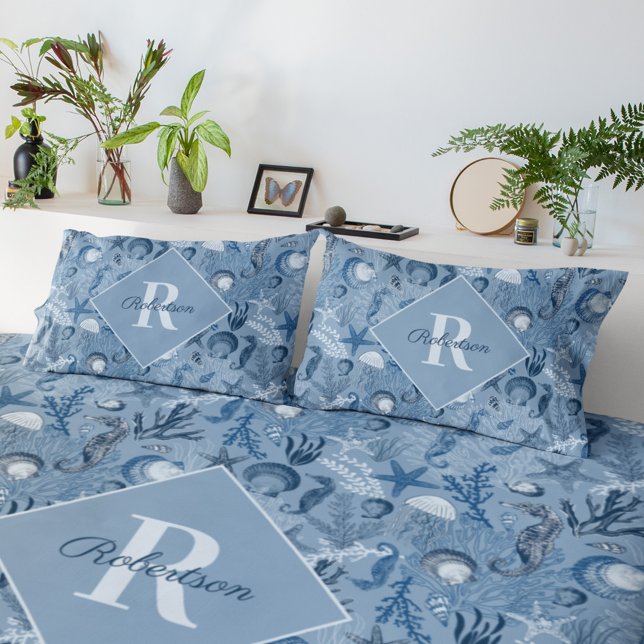 Coastal Monogram Blue Ocean Sea Life  Pillowcase (Creator Uploaded)